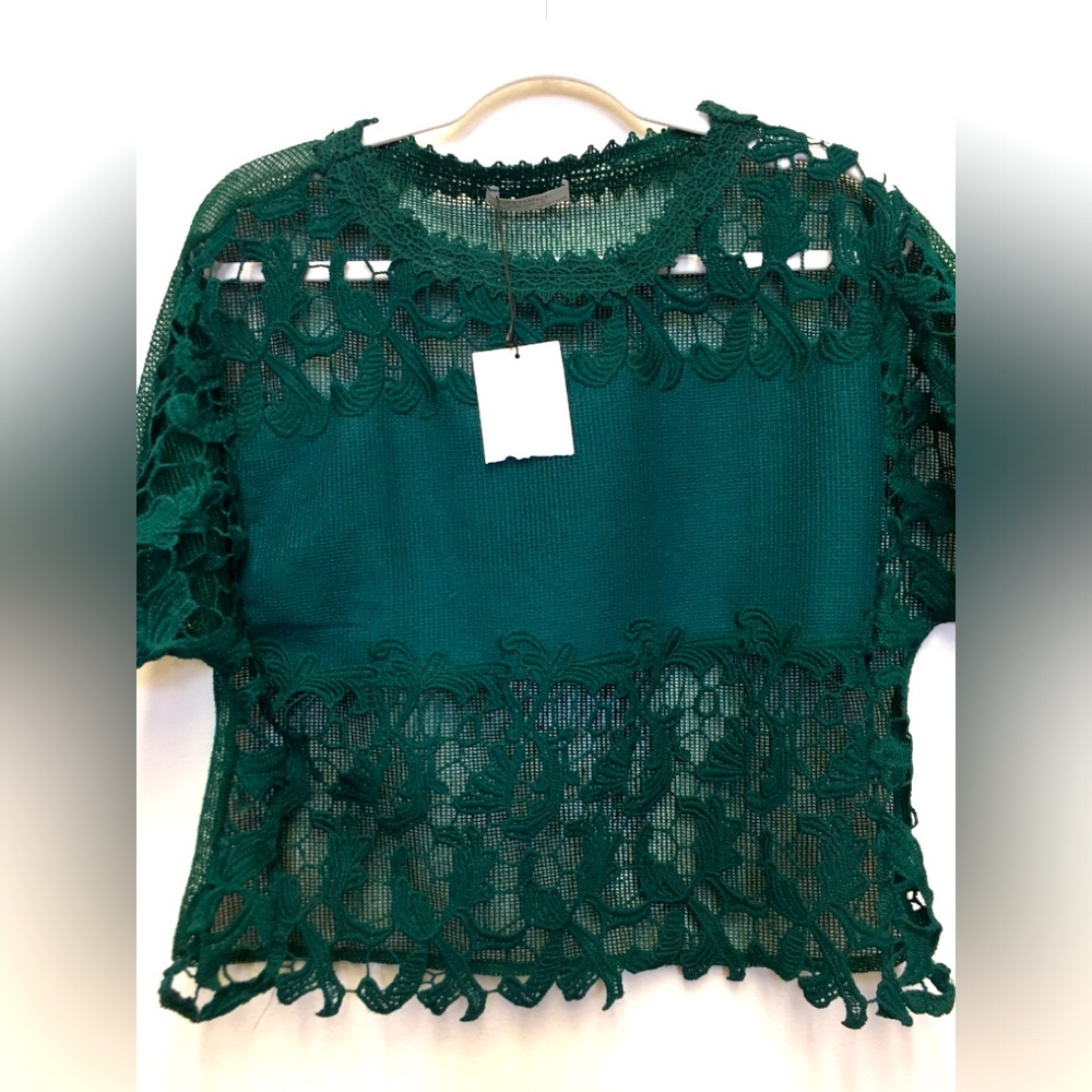 Zara Crochet Lace Sheer Short Sleeve Blouse Small Green NEW Lightweight